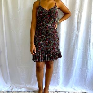 Green and Pink Floral Print Ruched Mini Dress